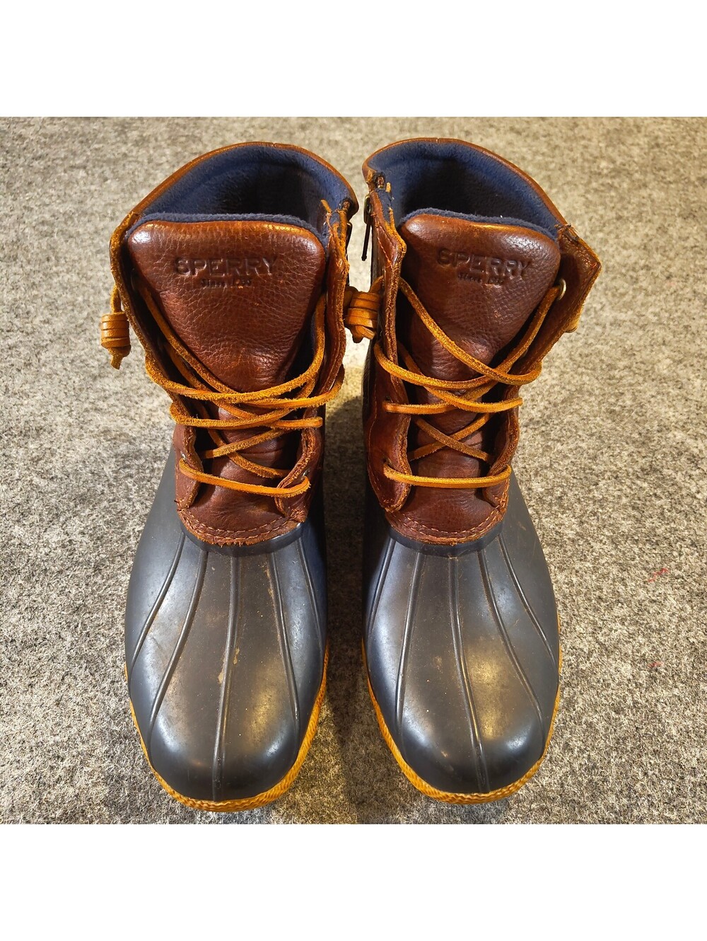 Sperry Saltwater Duck Boots Women's Size 9 Brown Navy Leather Zip Winter Snow